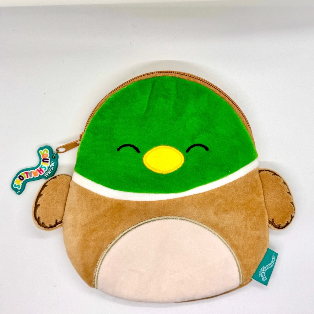 Squishmallows Duck Plush Zipper Pouch Coin Bag 7x7 Inches Green Brown